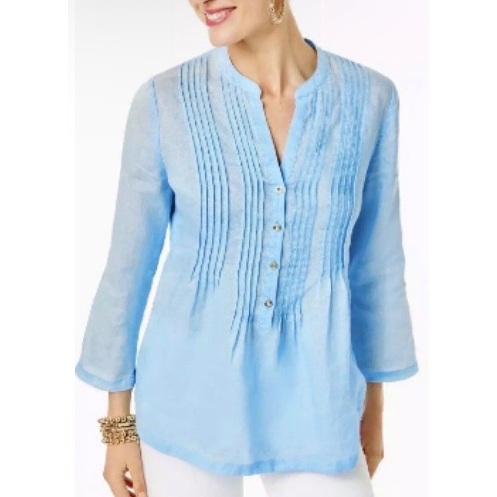 Lilly Pulitzer Sarasota Tunic Blouse Womens XS Blue Linen Pintuck Coastal Preppy